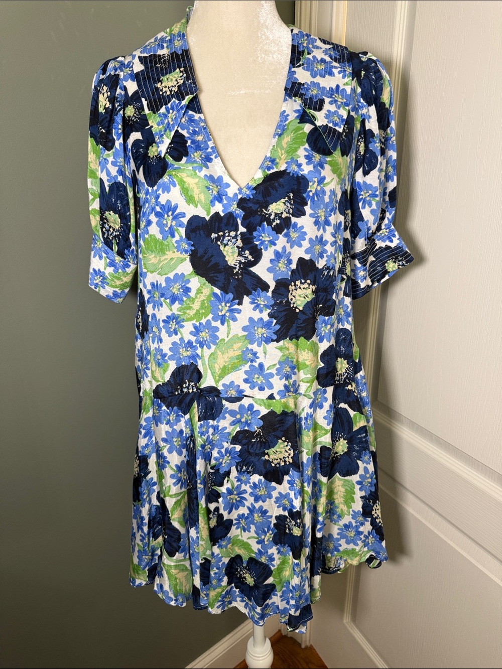 Free People Moon Chaser Floral Asymmetrical Hem Mini Dress Blue XS